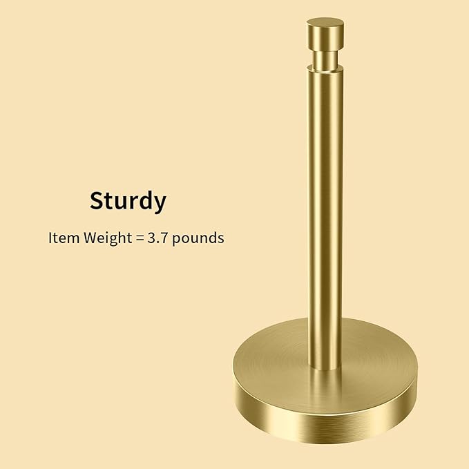 Paper Towel Holder Countertop, Paper Towel Holder with Weighted Base Non Slip, Standing Paper Towel Roll Holder for Kitchen Bathroom, Easy One-Handed Operation, Stainles Steel (Gold)