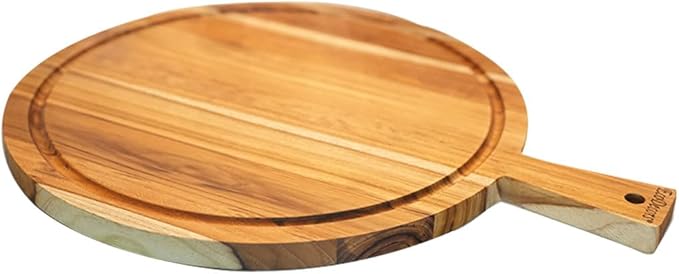 EcoDecors 18" Round Teak Cutting Board with Handle, FSC Certified Solid Wood, Edge Grain with Juice Groove, Carving Board for Kitchen & Brisket