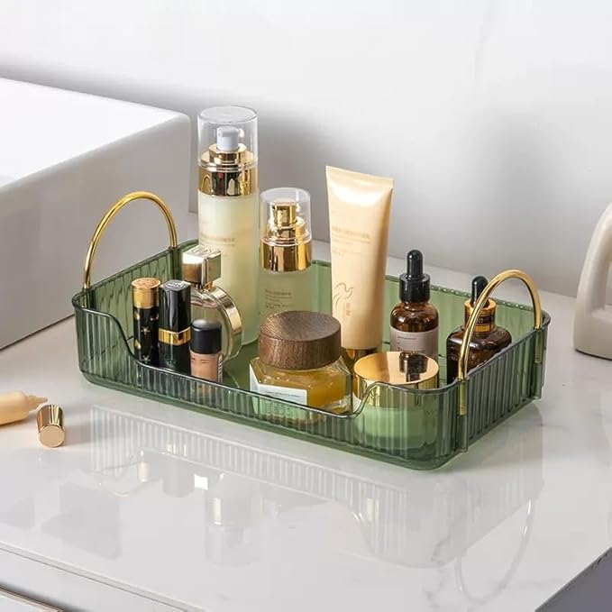 CESTATIVO Bathroom Counter Organizer, Green, 11.8" L X 6.7" W X 4.5" H, Stainless Steel, PET, Modern Metal Handles, Smooth Edges, Large Capacity, Minimalist Design, Ideal Gift