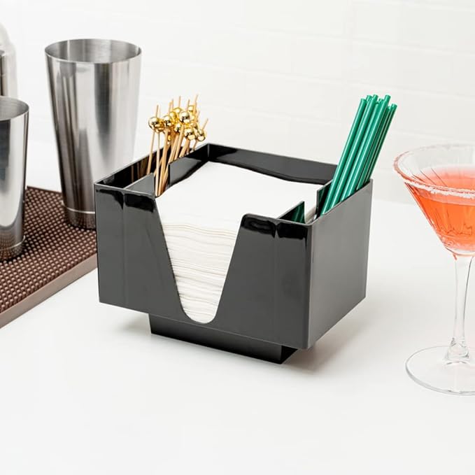 Restaurantware Bar Lux 7.9 Inch x 5.5 Inch Napkin Holder 1 3-Compartment Condiment Caddy - Rectangle Tabletop Black Plastic Napkin Caddy Refillable Easy Access