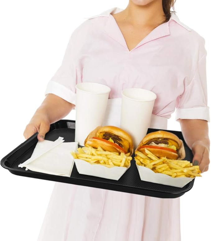 Neadas 6 Packs Plastic Fast Food Serving Trays, 17.2" x 13.51" Rectangle Lunch Trays Cafeteria, Black