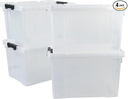 50 Quart Clear Storage Containers with Lid/Wheels, Large Rolling Stackable Box, 4 Packs