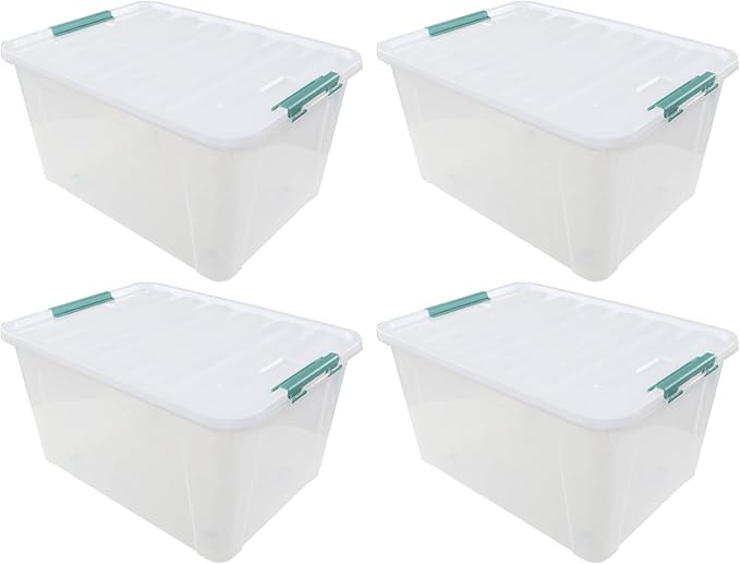 85 QT Plastic Storage Bins with Latching Lids Stackable Storage Containers for Organizing Holiday Decorations, Large Clear Storage Box for Garage, Closet, Kitchen, 4 Packs