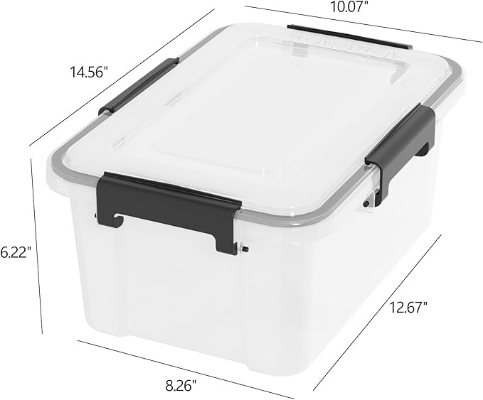 Set of 6 12 Quart Plastic Stackable Storage Bins with Gasket Seal Lids, Watertight Storage Container, Clear Latch Box Tote