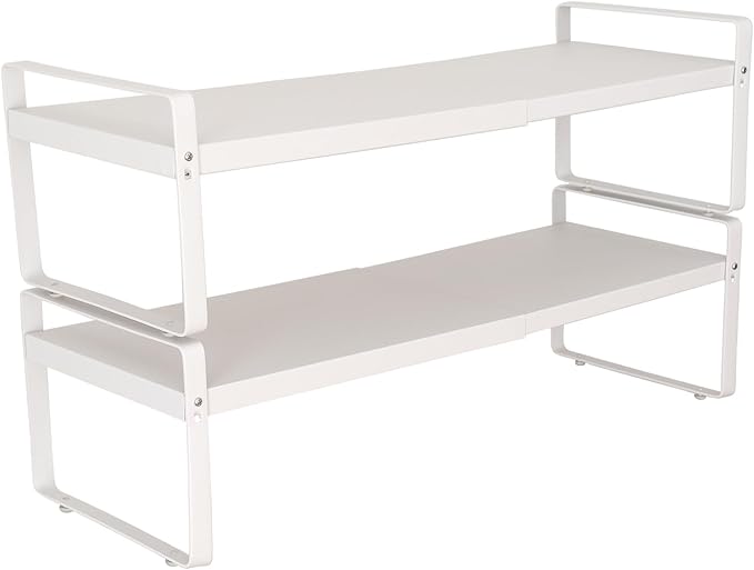 BAUCCA Set of 2 White Kitchen Countertop Shelves, Expandable Cabinet Shelf Organizers, Stackable Metal Pantry Storage Shelves for Spice Rack, Cupboard