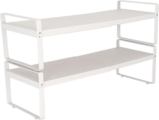 BAUCCA Set of 2 White Kitchen Countertop Shelves, Expandable Cabinet Shelf Organizers, Stackable Metal Pantry Storage Shelves for Spice Rack, Cupboard