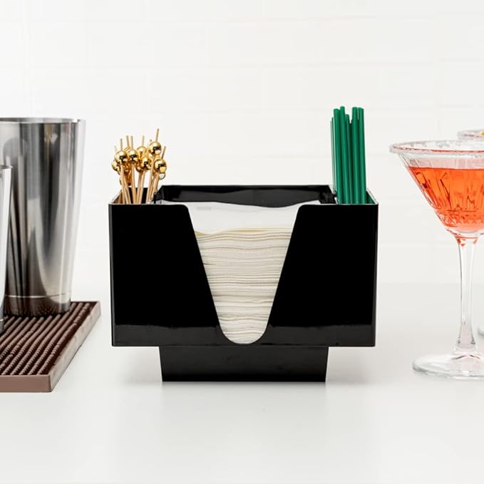Restaurantware Bar Lux 7.9 Inch x 5.5 Inch Napkin Holder 1 3-Compartment Condiment Caddy - Rectangle Tabletop Black Plastic Napkin Caddy Refillable Easy Access