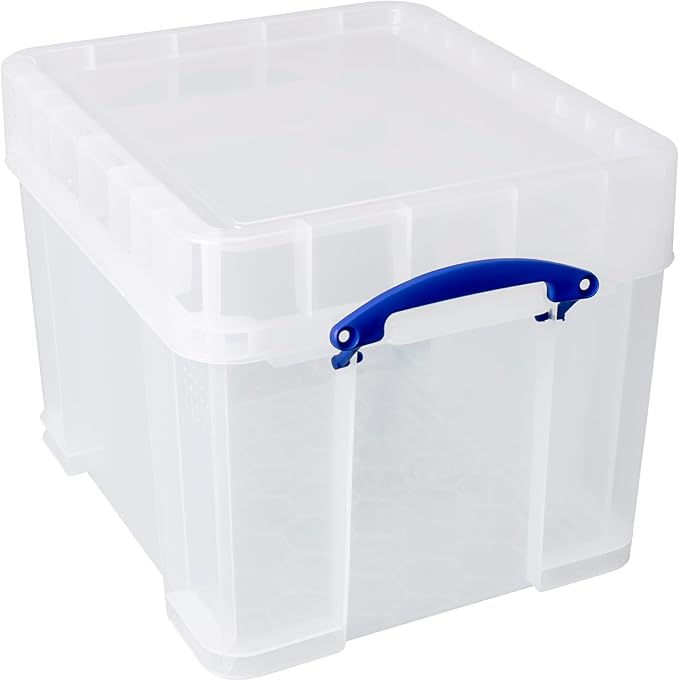 Really Useful Box 35 Liter Plastic Stackable Storage Container with XL Snap Lid & Built-In Clip Lock Handles for Home or Office Organization, Clear