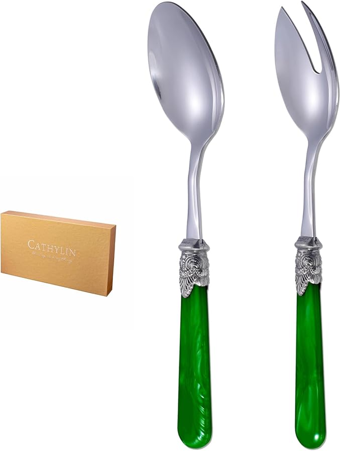 CATHYLIN 2-piece Salad Servers Stainless Steel Salad Serving Set Salad Fork and Spoon (Deep Green)