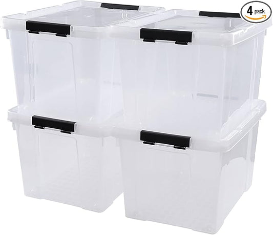 Obstnny 34 Quart Lidded Storage Bins 4 Packs, Plastic Latching Box with Wheels, Clear