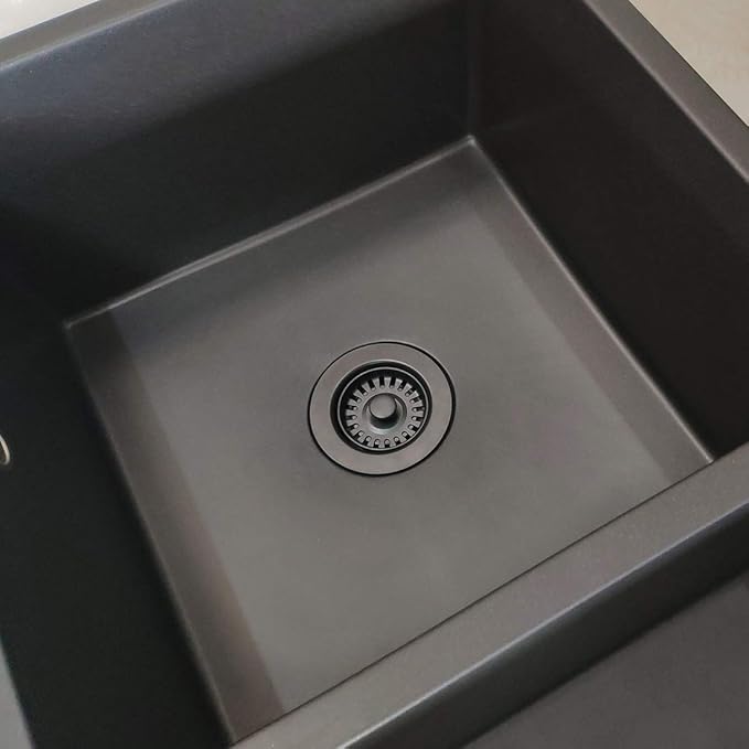 3-1/2 Inch Kitchen Sink Basket Strainer and Stopper Drain Assembly Matte Black with Removable Waste Basket Matched Color for Granite and Fireclay Sinks
