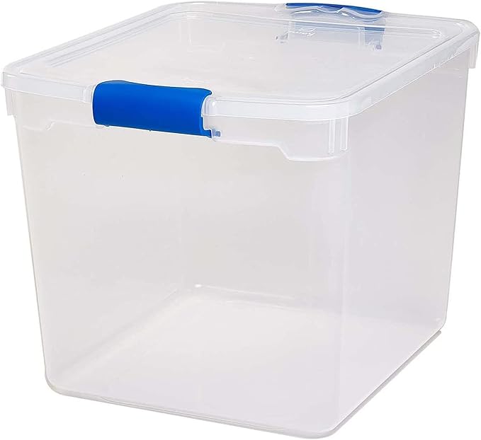 HOMZ 12-Pack Secure Latch, Clear Plastic Storage Organizer Bins, 31 Quart, Blue Latches - Stackable Container Boxes for Bedroom, Bathroom, Garage, and Office Organization