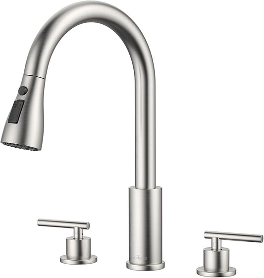 APPASO 2 Handle Kitchen Faucet, Brushed Nickel 3 Hole Kitchen Sink Faucet，Modern High Arc 3 Modes Stainless Steel Faucet for Kitchen Sink