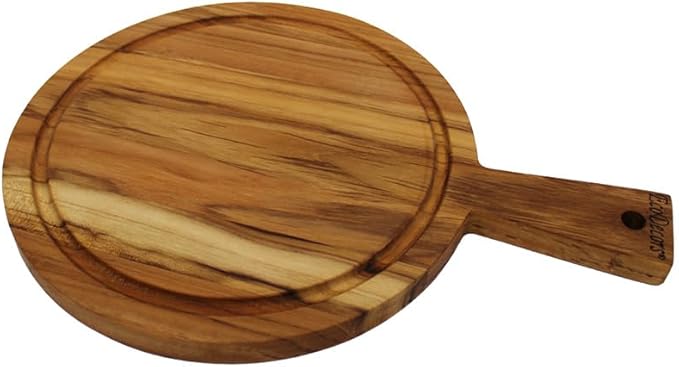 EcoDecors 14" Round Teak Cutting Board with Handle, FSC Certified Solid Wood, Edge Grain with Juice Groove, Carving Board for Kitchen & Prep
