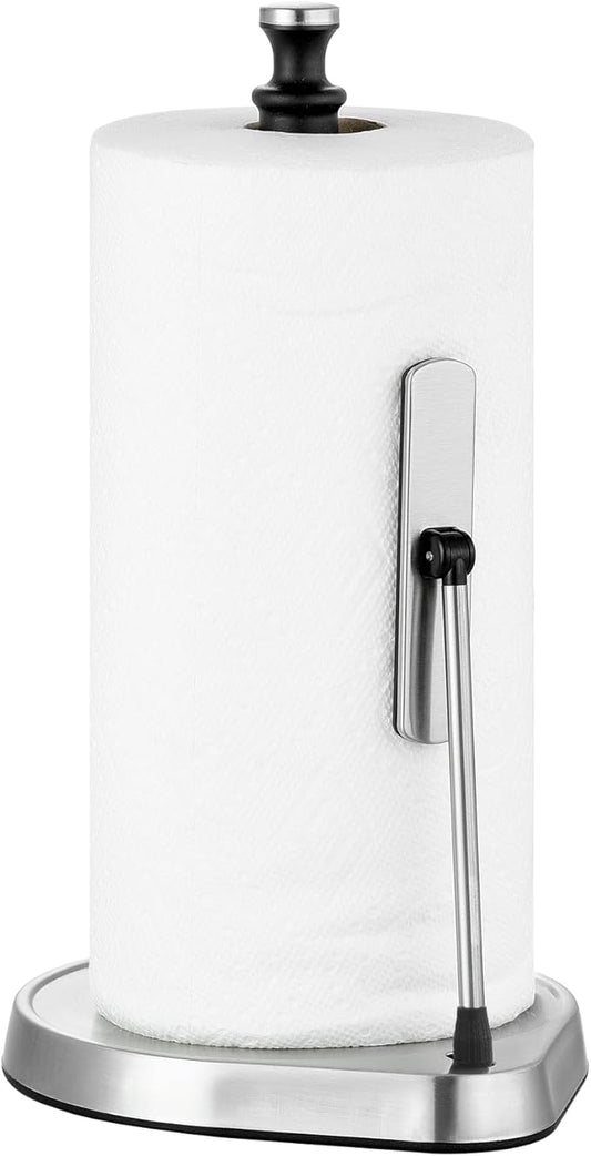 Dailyart Paper Towel Holder for One Hand Tear - Countertop with Tension Arm & Non Slip Weighted Base, Stainless Steel Paper Towel Holder Stand for Kitchen Bathroom, Black