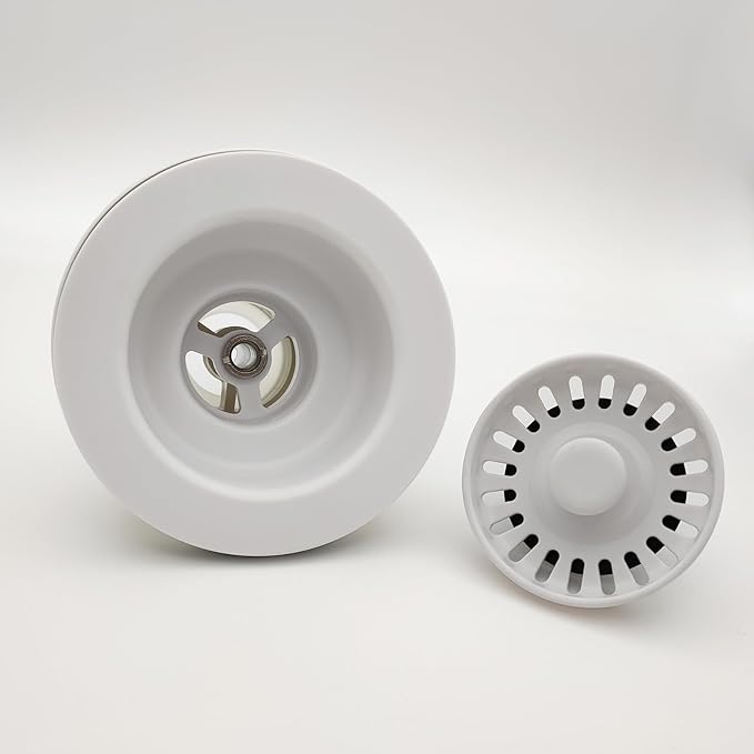 White Kitchen Sink Drain Assembly, 3-1/2 inch Polymer Kitchen Drain Strainer Kit with Removable Basket Strainers Stopper Matching for Granite/Fireclay Sinks