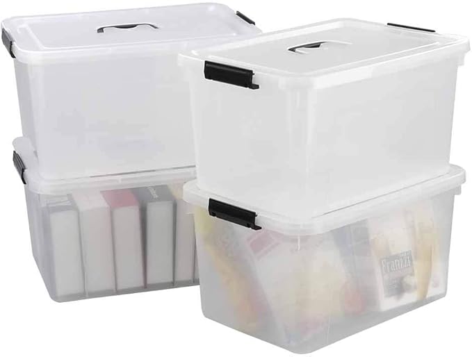17.5 L Plastic Large Storage Box, Clear Latch Bin with Handle and Lid, Set of 4