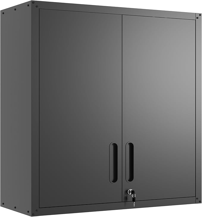 BIZOEIRON Garage Wall Cabinet with Doors and Shelves, Metal Wall Mounted Storage Cabinet with Lock, Hanging Tool Cabinet for Garage Utility Room, Black