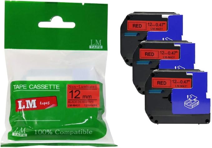 3/Pack LM Tapes - Premium Compatible 1/2" (12mm) Black on Red M Series P-Touch Tape, Replaces M431