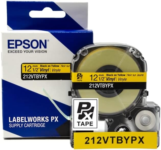 LABELWORKS 212VTBYPX Tape Cartridge - Black on Yellow Flexible and Durable Vinyl Industrial Label Maker Tape - 1/2" (12MM) Wide, 22.9 ft