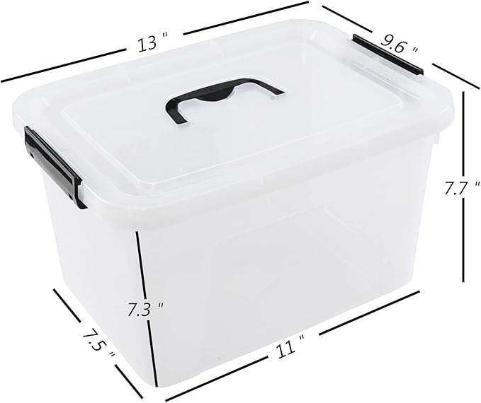 Zopnny 10 L Plastic Storage Box Container, Clear Latch Bin with Handle and Lid, 4-Pack
