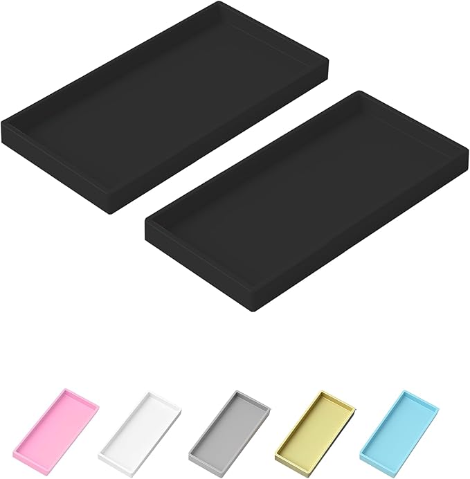 Mriluvy Vanity and Bathroom Tray, 7.7" ABS Countertop Organizer,Waterproof Vanity Tray for Toilet Tank,Perfume,Soap,Keys,Bathroom Accessories,Kitchen and Bath Trays,Non Slip Small Trays,Black,2 Pack