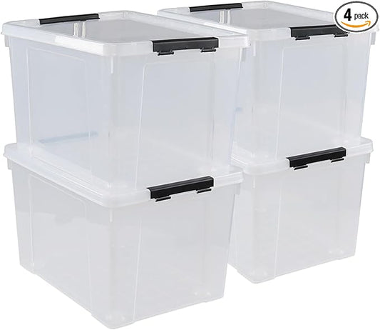 Obstnny 50 Quart Clear Latching Container Bin, 4 Pack Plastic Storage Bin with Wheels