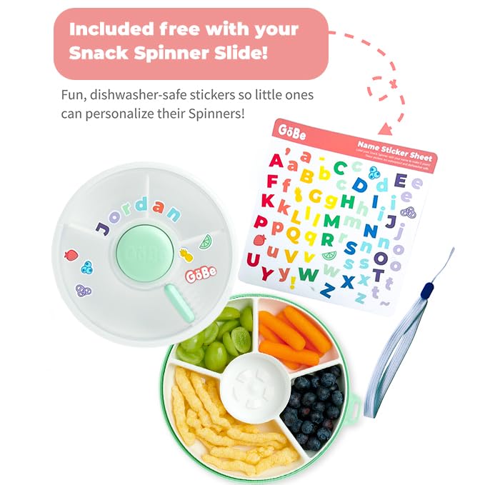 GoBe Kids Small Snack Spinner Slide Bundle with Hand Strap and Sticker Sheet - Reusable Snack Container with 5 Compartment Dispenser and Lid | BPA/PVC Free | Dishwasher Safe | No Spill - Taro Purple