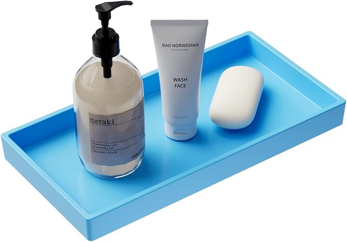 Mriluvy Vanity and Bathroom Tray, 7.7" ABS Countertop Organizer,Waterproof Vanity Tray for Toilet Tank,Perfume,Soap,Keys,Bathroom Accessories,Kitchen and Bath Trays,Non Slip Small Trays,Blue