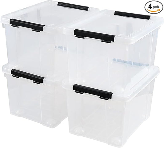Obstnny 4 Packs 22 Quart Clear Latching Box with Wheels, Plastic Lidded Storage Bin