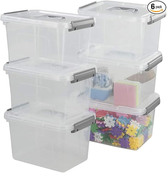 Vababa 6 Quart Clear Plastic Storage Box, Latch Box with Handle, 6-Pack