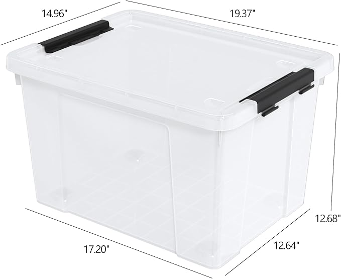 Morcte 4-Pack Clear Plastic Storage Box with Lid and Wheel, 50 L Large Plastic Storage Boxes