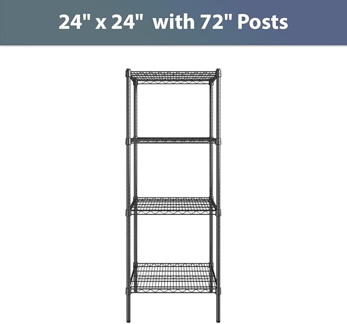 24" x 24" NSF Black Epoxy 4-Shelf Kit with 72" Posts, Commercial Storage Rack Unit, Heavy Duty Storage Shelving, Wire Shelving Kit, Adjustable Rack Strong Steel, Multipurpose Wire Shelf