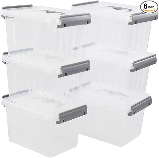 Vababa 6-Pack 3 L Clear Plastic Latch Storage Boxes with Gray Lids