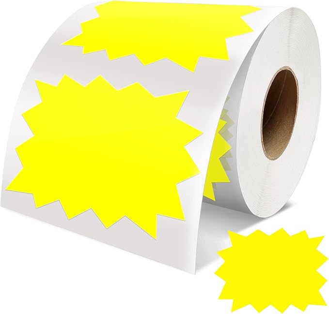Price Tags Stickers Yellow 4 x 3 Inches Self-Adhesive Large Sale Sticker Starburst Signs Removable Waterproof Labels for Retail Store Market Business 500 PCS