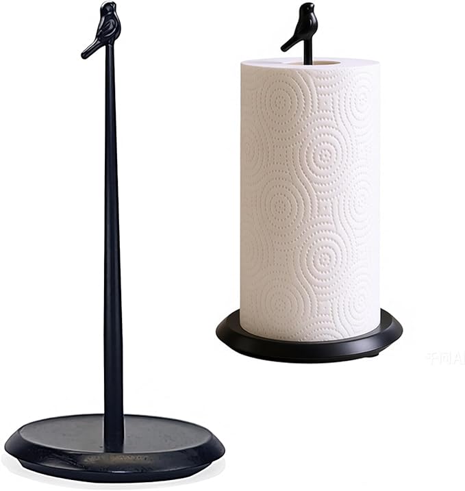 Black Paper Towel Holder Stand for Countertop with Solid Wood Base and Wrought Iron Bird, Rustic Farmhouse Vintage Cottage Core Kitchen Decor, Stable Towel Dispenser with Non-Slip Pad