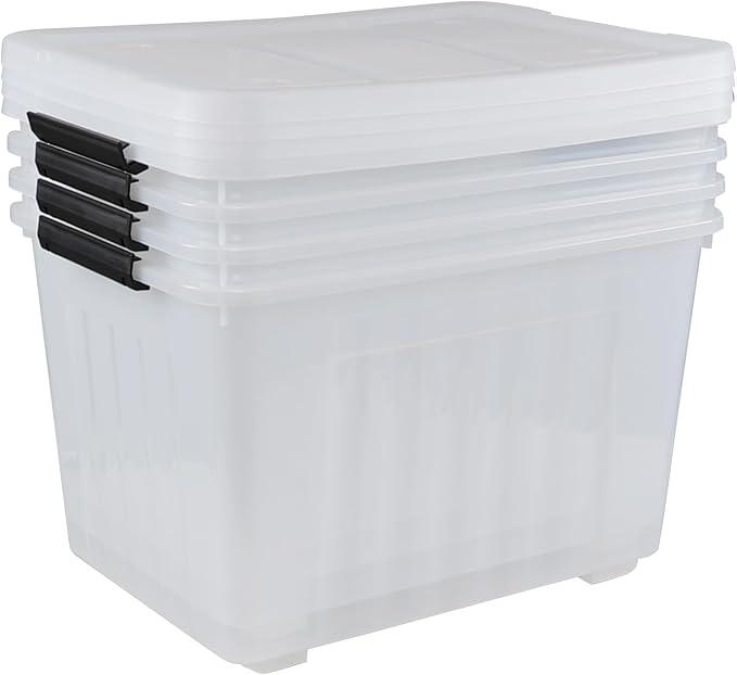 Wekioger 70 Quart Large Lidded Storage Bin 4 Packs, Plastic Latching Storage Container Box with Wheels