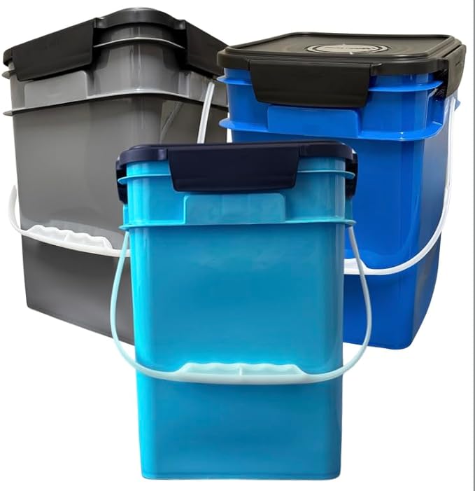 House Naturals 4 Gallon Square Food Grade Bucket Pail with Plastic Handles and Lid (Pack of 3) Made in USA containers (Aqua/Blue/Gray)