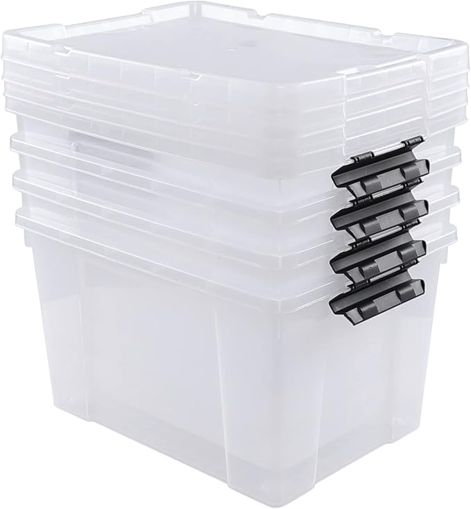 Obstnny 34 Quart Lidded Storage Bins 4 Packs, Plastic Latching Box with Wheels, Clear