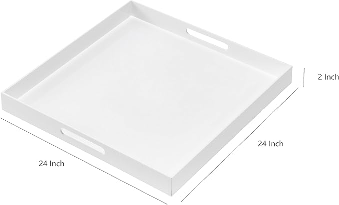 BEYLANG Glossy White Sturdy Acrylic Serving Tray with Handles-24x24Inch-Serving Coffee,Appetizer,Breakfast,Butler-Kitchen Countertop Tray-Makeup Drawer Organizer-Vanity Table,Ottoman Tray-Decorative