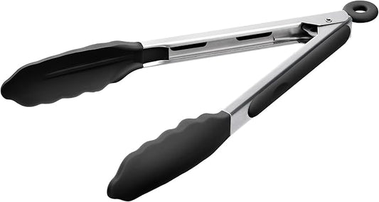 Doosu Kitchen Tongs for Cooking - 600°F Heat Resistant Food Tong with Non-Scratch Silicone Tips, Heavy Duty Stainless Steel Locking Tong for BBQ, Grilling Steak, Serving Salad, Pasta (9in, Black)