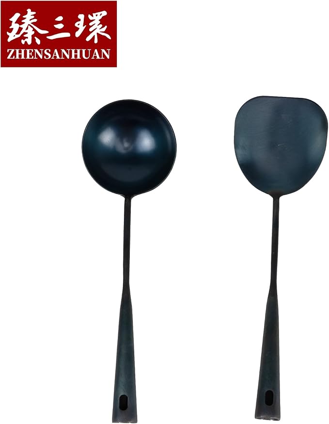 ZhenSanHuan Chinese Traditional HandMade Iron Ladle Wok Tool,Long wok utensils (Ladle, 32CM/12.6'')