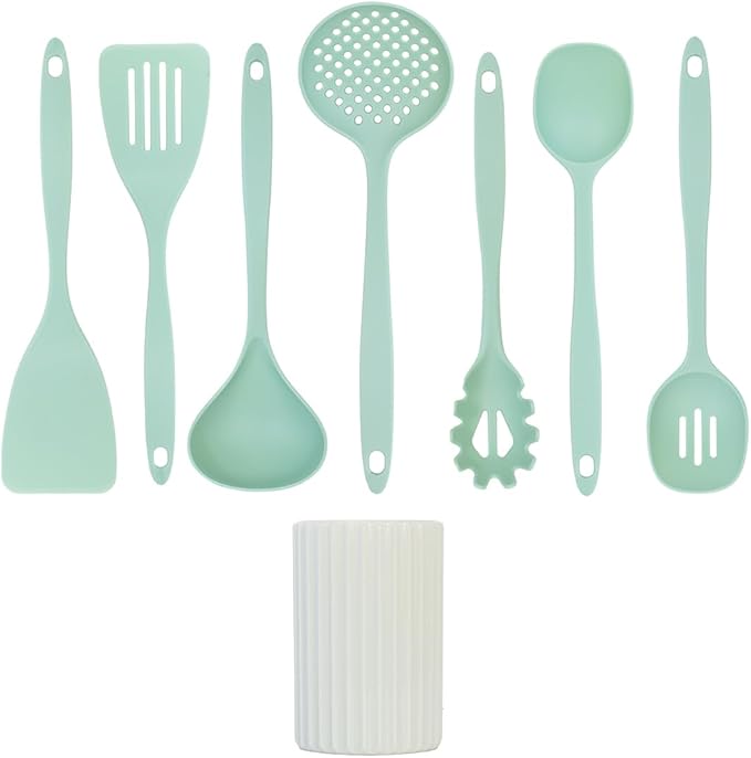 Glad Kitchen Utensils Set, 8pcs - Nonstick Cooking Tools with Utensil Holder - Nylon Spoon, Ladle, Skimmer, Spaghetti Server, and Turner Spatula Set - Dishwasher Safe, Teal Green