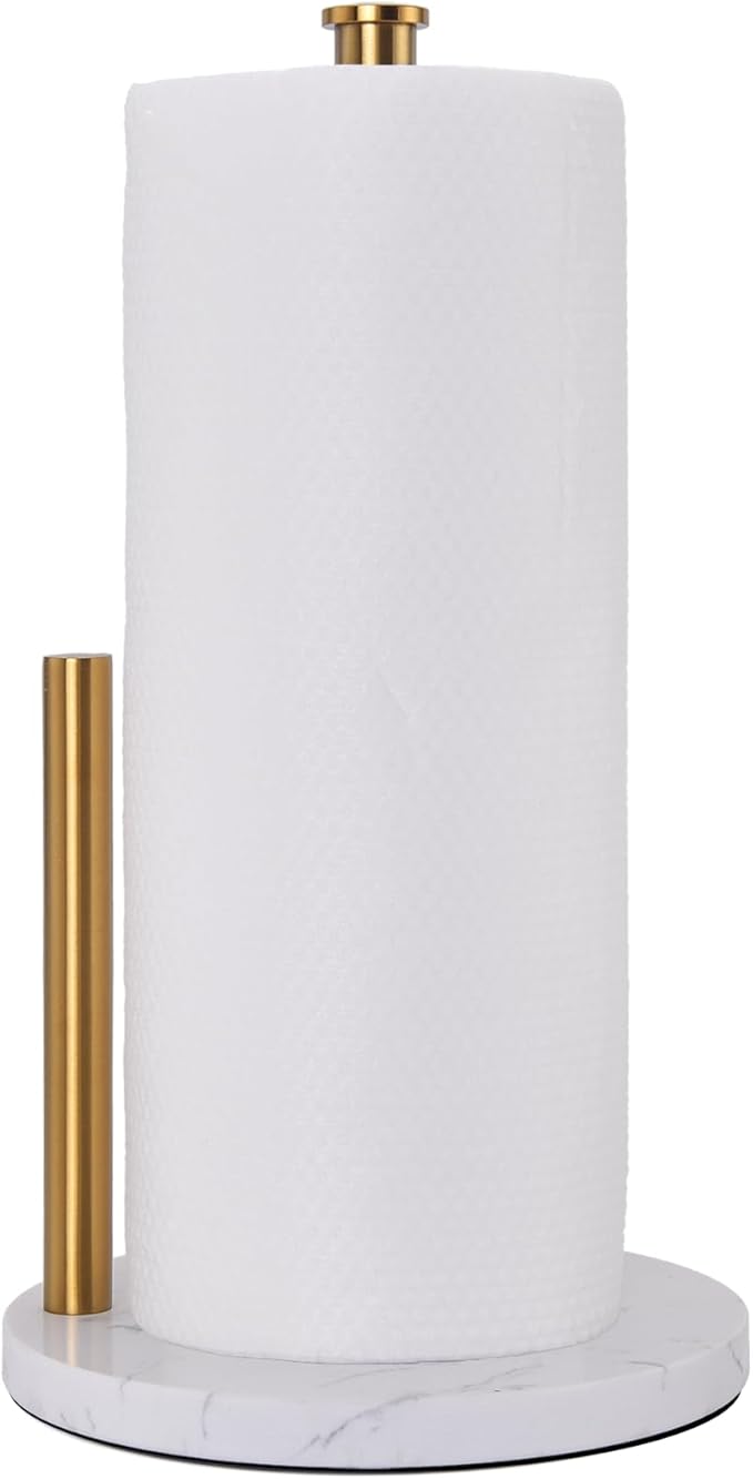 Hoooh Freestanding Paper Towel Holder for Kitchen Countertop - Non-Slip Marble Base, Brushed Gold Stainless Steel, Fits Standard & Jumbo Rolls