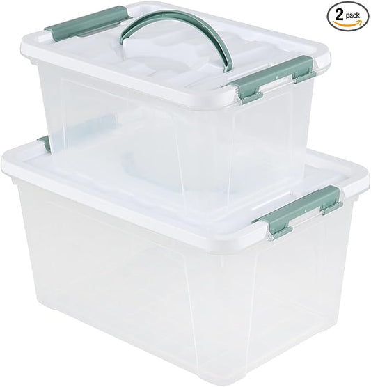 2-Pack Plastic Lidded Storage Box with Handle, Organizing Container with Lid and Latching Buckles (7 Quart/14 Quart)