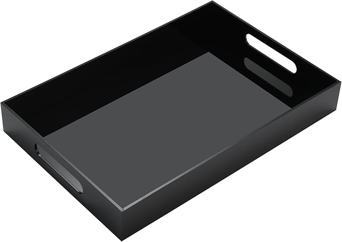 KEVJES Glossy Black Acrylic Serving Tray with Handles-Butler Trays for Coffee Table, Snacks,Breakfast in Bed, Kitchen Countertop,Vanity,Makeup Organizer,Ottoman (Black, 10x15 Inches)