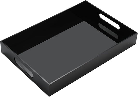 KEVJES Glossy Black Acrylic Serving Tray with Handles-Butler Trays for Coffee Table, Snacks,Breakfast in Bed, Kitchen Countertop,Vanity,Makeup Organizer,Ottoman (Black, 10x15 Inches)