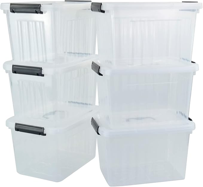 10 L Plastic Clear Storage Box, Plastic Latching Box with Lid, 6-PACK