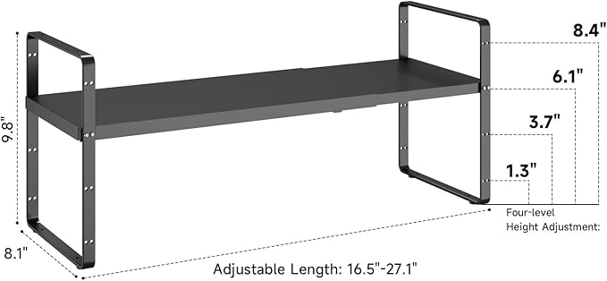 taiheis 16.5~27.1" Expandable Shelf Organizer, 2Pack 8.1" Wide Stackable Cabinet Shelf Organizers, Black Metal Sturdy Kitchen Counter Storage for Countertop, Adjustable Height Spice Rack