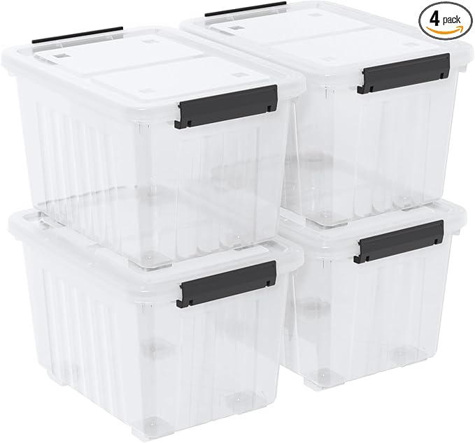 50L Stackable Storage Bin with Lid, Plastic Container with Heavy Duty Latches to Organize, Clear, 4-Pack